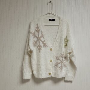 33 Degrees White and Gold Snowflake Cardigan, Women's XL